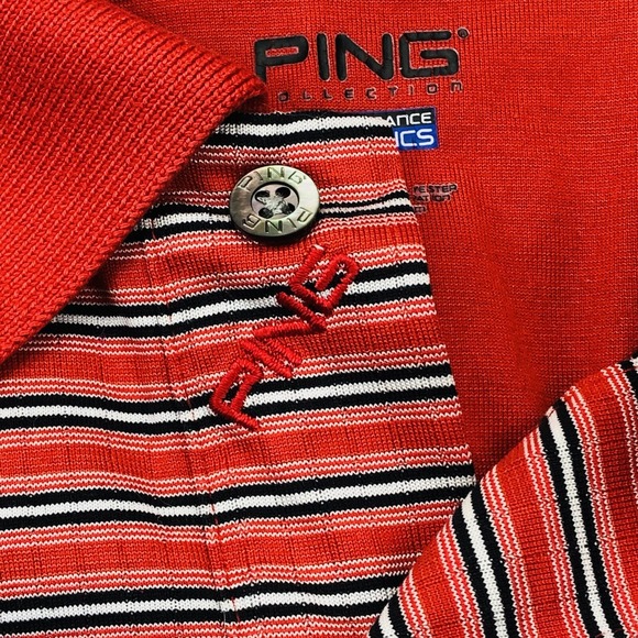 Ping Golf‎ Polo Mens M Red Black Stripe Performance Dynamics Stretch Embroidered - Picture 1 of 15